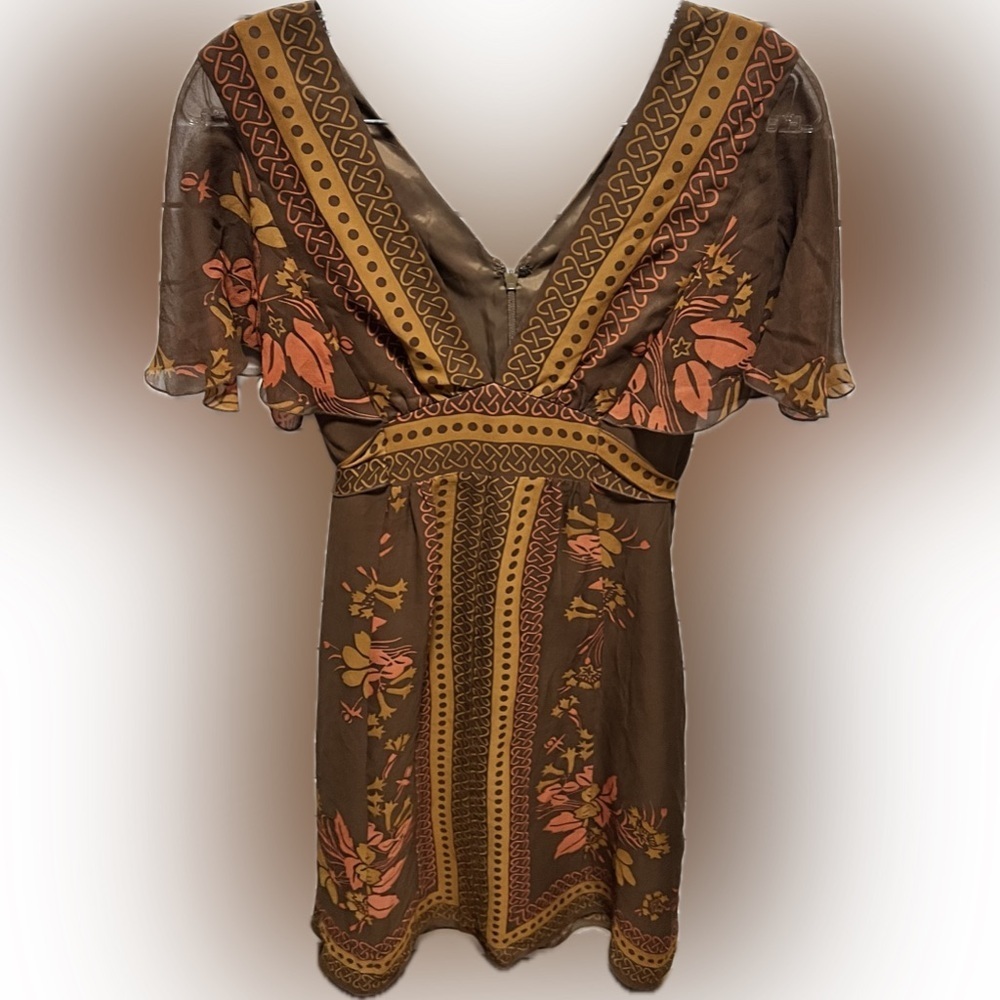 Anna Sui For Anthropologie Brown Floral 100% Silk Dress V Neck Short Sleeve